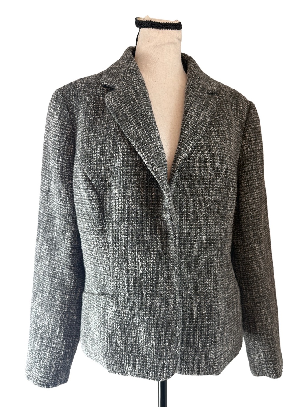 Coldwater Creek Black White Tweed Blazer Jacket Size 14 Pockets Wool Blend